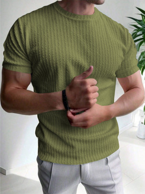 KAJARU Self Design Men Round Neck Green T-Shirt