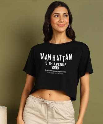 Moda Rapido Printed Women Round Neck Black T-Shirt