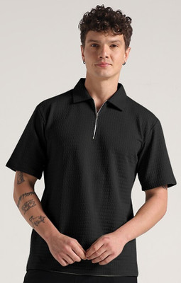 INDICLUB Self Design Men Polo Neck Black T-Shirt
