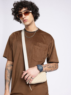 Kook N Keech Self Design Men Round Neck Brown T-Shirt