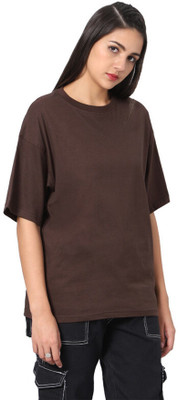 Besick Solid Women Round Neck Brown T-Shirt