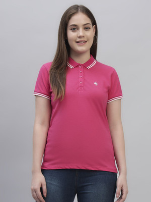 CANTABIL Solid Women Polo Neck Pink T-Shirt