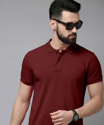 TIVRA Solid Men Polo Neck Maroon T-Shirt