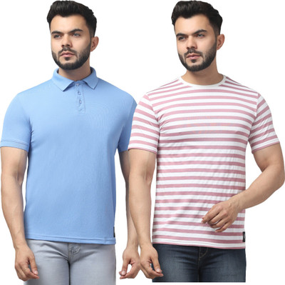 HOC Solid, Striped Men Polo Neck Multicolor T-Shirt