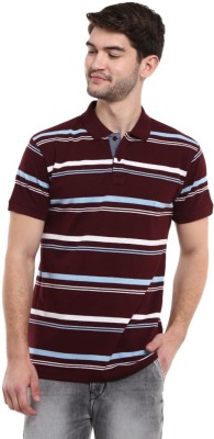 V-MART Striped Men Polo Neck Maroon T-Shirt