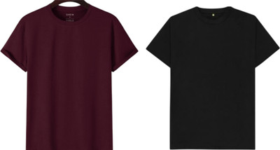 P collection Solid Men Round Neck Maroon, Black T-Shirt