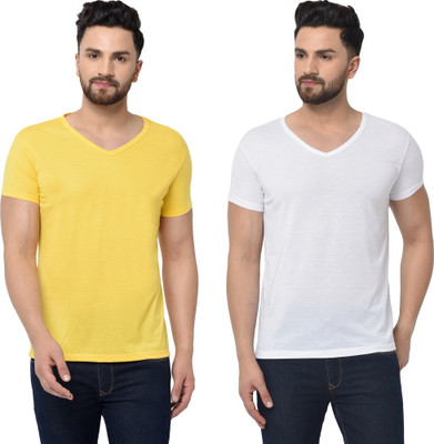 Tresna Trending Solid Men V Neck White, Yellow T-Shirt