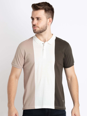 Status Quo Colorblock Men Polo Neck Beige T-Shirt
