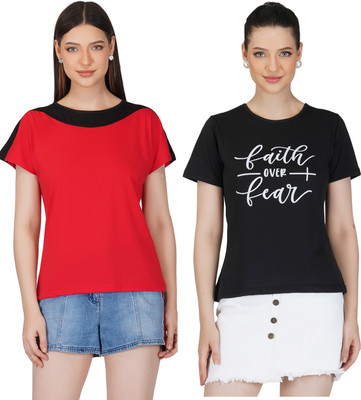 HouseOfCommon Printed Women Round Neck Red, Black T-Shirt