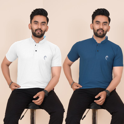 Pio Sports Printed, Solid Men Mandarin Collar Multicolor T-Shirt