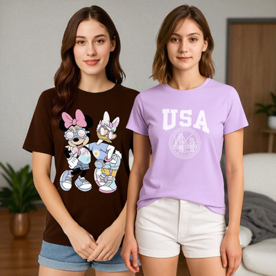 Elvia Graphic Print Women Round Neck Brown, Purple T-Shirt