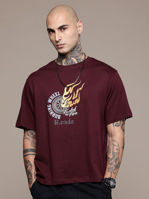 R.Code by The Roadster Life Co. Printed Men Round Neck Maroon T-Shirt