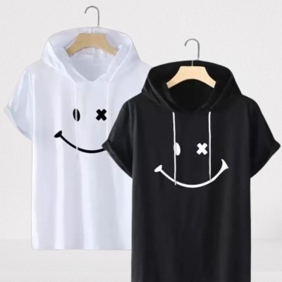 NooHy Solid, Self Design Men Hooded Neck Black, White T-Shirt