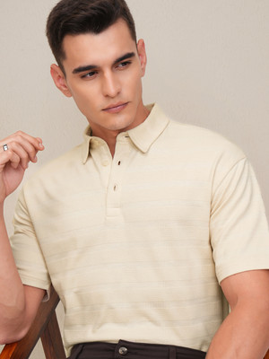 HIGHLANDER Self Design Men Polo Neck Beige T-Shirt