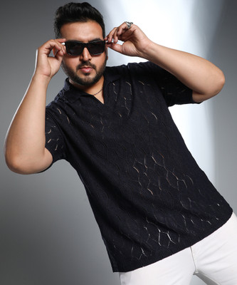 Instafab Plus Self Design Men Polo Neck Black T-Shirt