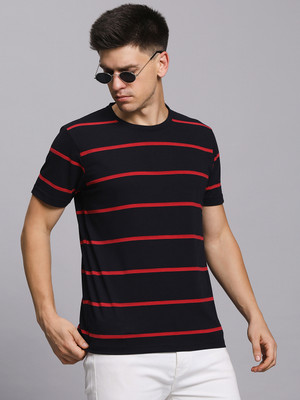 Scoller Striped Men Round Neck Navy Blue T-Shirt