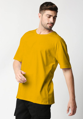 LWEXS Solid Men Round Neck Yellow T-Shirt