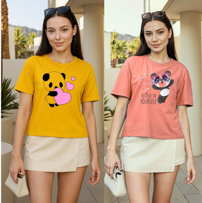 Herway Printed Women Round Neck Yellow, Pink T-Shirt