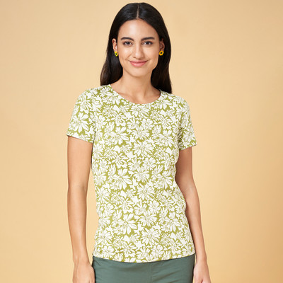 Honey By Pantaloons Printed Women Round Neck Green T-Shirt