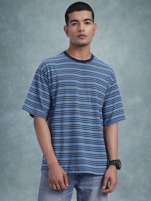 Roadster Striped Men Round Neck Blue T-Shirt