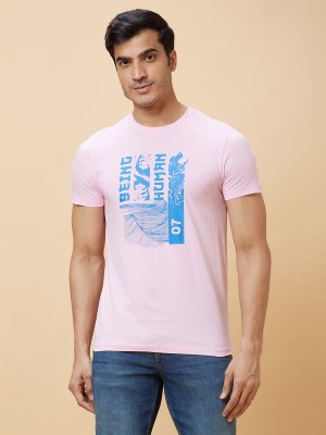 BEING HUMAN Printed, Typography Men Round Neck Pink T-Shirt