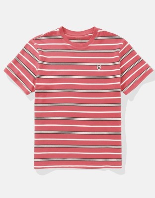 American Eagle Striped Men Round Neck Red T-Shirt