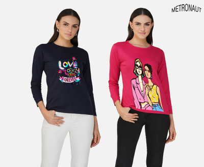 METRONAUT Printed Women Round Neck Navy Blue, Pink T-Shirt