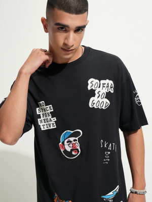 HIGHLANDER Printed Men Round Neck Black T-Shirt