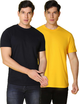 WOOSTRO Solid Men Round Neck Black, Yellow T-Shirt
