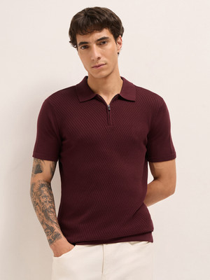 THE BEAR HOUSE Self Design Men Polo Neck Maroon T-Shirt