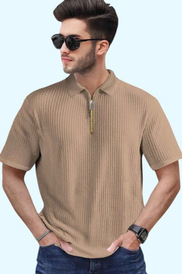 TEMUK Self Design Men Zip Neck Brown T-Shirt