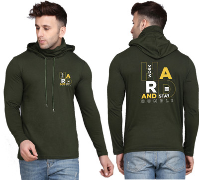 WOOSTRO Printed Men Hooded Neck Dark Green T-Shirt