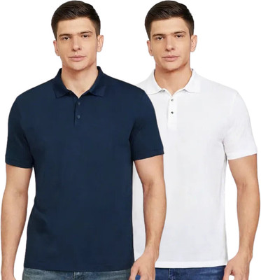 indtrends Solid Men Polo Neck Black, White T-Shirt