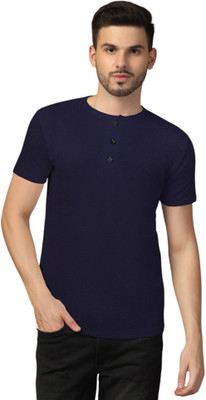 GEUM Solid Men Henley Neck Dark Blue T-Shirt