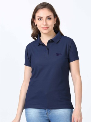 Stellers Solid Women Polo Neck Blue T-Shirt