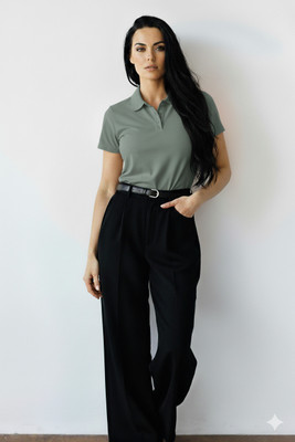 GROHOOD Solid Women Polo Neck Green T-Shirt