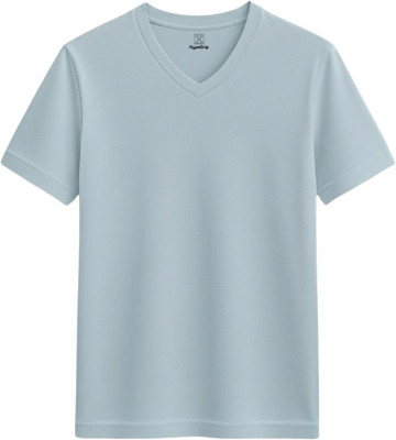 HypeDrip Solid Men V Neck Light Blue T-Shirt