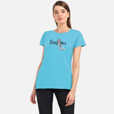 TOM AND JERRY by DreamBe Printed Women Round Neck Light Blue T-Shirt