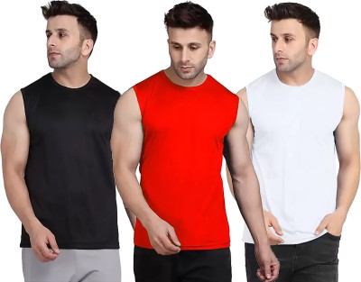 Think Tech Solid Men Round Neck Black, Red, White T-Shirt