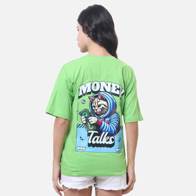 Hokum Geometric Print Women Round Neck Green T-Shirt