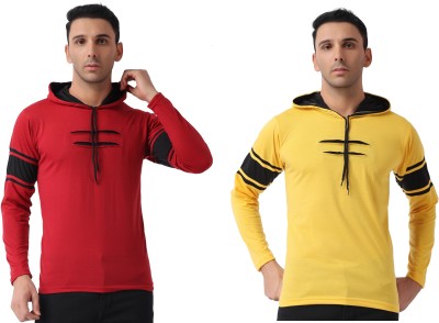 XECTUS Colorblock Men Hooded Neck Maroon, Yellow T-Shirt