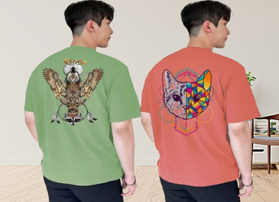 Clothy Trend Printed Men Round Neck Green, Pink T-Shirt