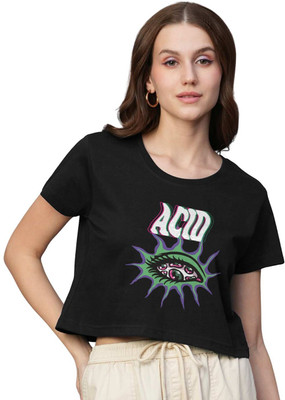 Pronk Printed Women Round Neck Black T-Shirt