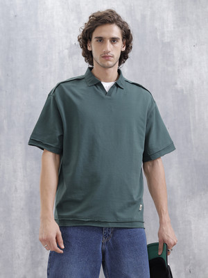 WROGN Washed Men Polo Neck Dark Green T-Shirt