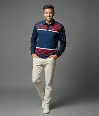 lookswala Striped Men Polo Neck Multicolor T-Shirt