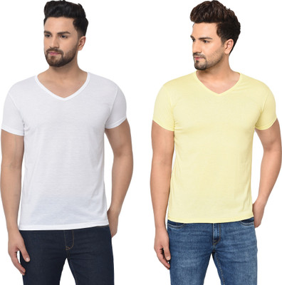 Tresna Trendy Solid Men V Neck White, Yellow T-Shirt