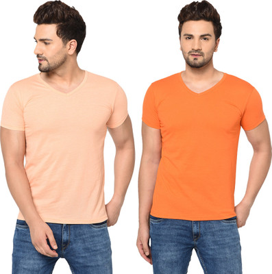 Tresna Fab Solid Men V Neck Beige, Orange T-Shirt