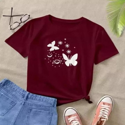 SAHAL FASHION Printed Women Round Neck Maroon T-Shirt