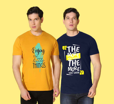 WOOSTRO Typography Men Round Neck Yellow, Blue T-Shirt