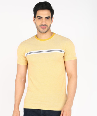 Peter England University Striped Men Round Neck Yellow T-Shirt